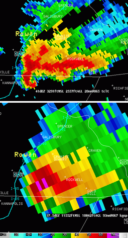 A supercell thunderstorm seen from two radars almost colocated. The top image is from a TDWR and the bottom one from a NEXRAD. TDWR and NEXRAD Refl Compared vert.png