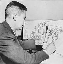 At work on a drawing of The Grinch for How the Grinch Stole Christmas!, in 1957.