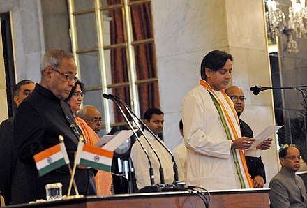 13th President of India Pranab Mukherjee administering the oath as Minister of State to Shashi Tharoor at a Swearing-in Ceremony, at Rashtrapati Bhavan, in New Delhi on 2012.