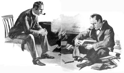 Holmes sat upon the floor like some strange Buddha, with crossed legs, the books all round him, and one open upon his knees.