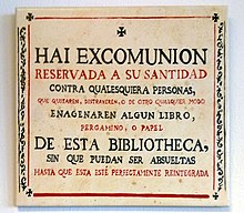 Threat of excommunication to thieves of books in the library of the university of Salamanca (Spain).jpg