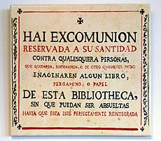Threat of excommunication to thieves of books in the library of the university of Salamanca (Spain).jpg