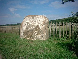 A sarsen standing at the entrance to Great Tottington. It is not recorded in the literature and was likely erected by the farmer Tottingtonsarsen.jpg