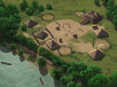 Artists conception of Town Creek Indian Mound during the late Town Creek-early Leak phases circa 1350 CE.