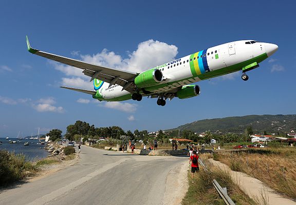 Transavia Airlines Boeing 737-800 being welcomed at Skiathos by planespotters.jpg