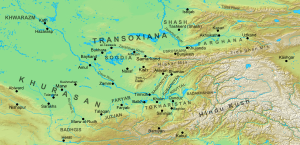 Carte géophysique du sud de l'Asie centrale (Khurasan et Transoxiane) avec les principales agglomérations et régions