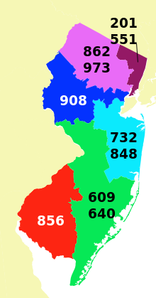 New Jersey's telephone area codes USA telephone area code map - New Jersey.svg