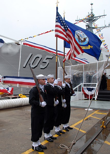 File:US Navy 080126-N-1120L-045 Members of Naval Mobile Construction Battalion (NMCB) 7 Color Guard parade the colors at the christening ceremony for Pre-commissioning Unit Dewey (DDG 105).jpg