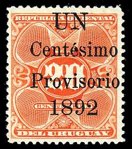 Et overtrykk fra 1892 for den nye 1 centesimo valør på et 20 centesimo stempel fra utgaven 1889-1901 (Sc #100)