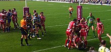 Fights between players of both teams during a Super League match on 4 September 2011 Warrington Vs. Wigan Scrap.jpg