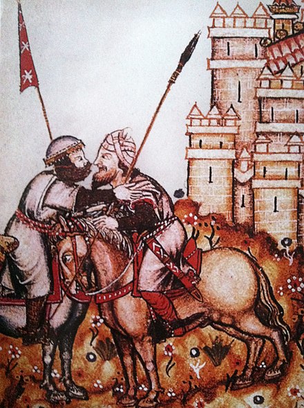 Two warriors embrace before the siege of Chincoya Castle (Cantigas de Santa Maria).