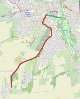 Course of the Wild Trench from the source in Gelmeroda to Weimar (red) and further course as a trench (green) to the confluence with the Ilm