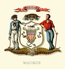 The coat of arms of Wisconsin during the war. Wisconsin state coat of arms (illustrated, 1876).jpg