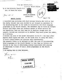 Letter from Wyn Roberts to Secretary of State for Wales, Nicholas Edwards, Baron Crickhowell regarding the Fourth Channel, August 9, 1980. Wyn Roberts Letter to SecStateWales 1980 08 09.pdf