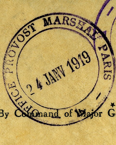 File:"Office Provost Marshal Paris" 24 January 1919 inkstamp, from- Embarkation Orders for Esther E. Leonard from General Harbord, January 15, 1919 (cropped).jpg