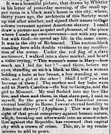 Theodore Tilton's motivation for becoming an abolitionist was witnessing family separation under the red flag at a Richmond slave auction (The Liberator, January 22, 1864) "Speech of Theodore Tilton" The Liberator, January 22, 1864.jpg