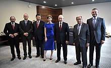 Guterres with Nikol Pashinyan, Rumen Radev, Xi Jinping, Sophie Shevardnadze, Vladimir Putin and Peter Pellegrini at the St. Petersburg International Economic Forum, June 2019 PMEF (2019) 4.jpg