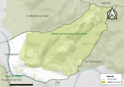 Carte de la ZNIEFF de type 2 sur la commune.