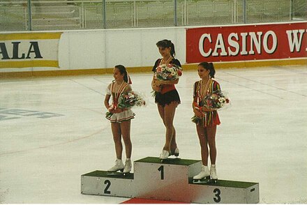 The ladies' podium. From left: Julia Lautowa (2nd), Krisztina Czako (1st), Julia Sebestyen (3rd). 1995becs02.jpg