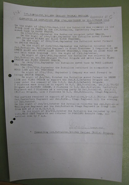 File:1st Bn NZRB Narrative of Operations on 17th September - 3rd October 1916.JPG