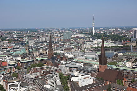 St. Petri and St. Jakobi seen from above in an aerial view of central Hamburg