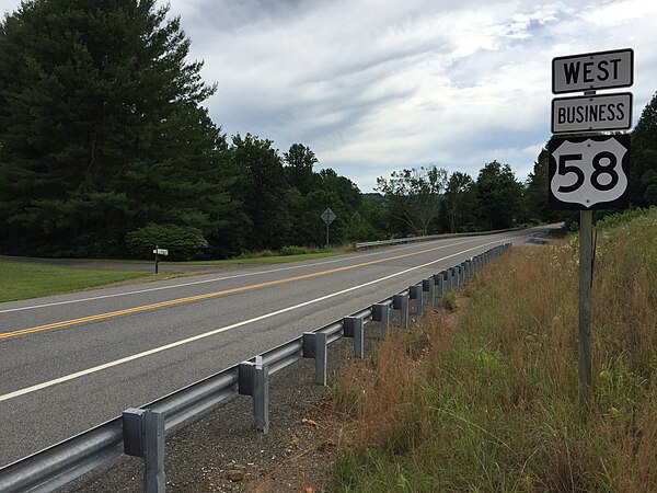 View west at the east end of US 58 Bus. at US 58 in Hillsville