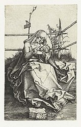 Maria met kind aan de borst bij een hek[37] 1503 Kopergravure 114 x 71 mm Bartsch 34