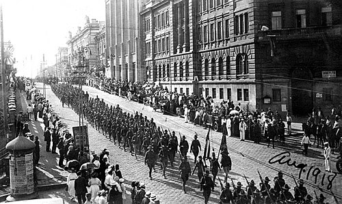 American troops marching on Vladivostok following the Allied intervention in the Russian Civil War, 1918