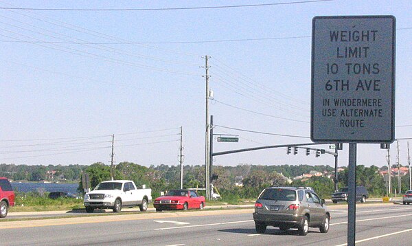 Signs on Apopka-Vineland Road, 1.5 mi (2.4 km) east of downtown, warn heavy vehicles to stay out of Windermere.