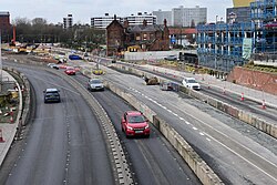 The new temporary alignment, while work on constructing both the Mytongate Underpass and Ferensway-Lowgate segregated lane now gets well underway, of the A63 in Kingston upon Hull.