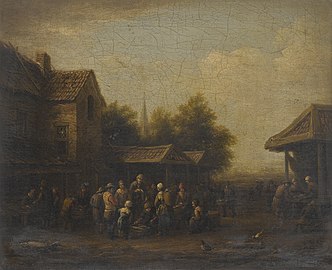 A Fish Market in a Village Square label QS:Len,"A Fish Market in a Village Square" label QS:Lpl,"Targ rybny na wiejskim placu" label QS:Lnl,"Dorpsplein met vismarkt" 1645-1698. oil on canvas medium QS:P186,Q296955;P186,Q12321255,P518,Q861259 . 30 × 36.5 cm (11.8 × 14.3 in). London, Sotheby's (2 May 2012).