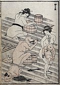 Hokusai: Öffentliches Badehaus, kolorierter Holzschnitt, 1834