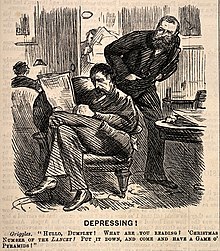 Scene in a gentlemen's club: a cartoon of 1883 by Charles Keene A man reading the 'Lancet' in a gentleman's club, a friend s Wellcome (cropped).jpg