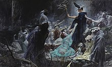 Souls on the Banks of the Acheron, oil painting depicting Hermes in the underworld. Adolf Hiremy-Hirschl, 1898. Adolf Hiremy-Hirschl - Die Seelen am Acheron - 942 - Osterreichische Galerie Belvedere.jpg