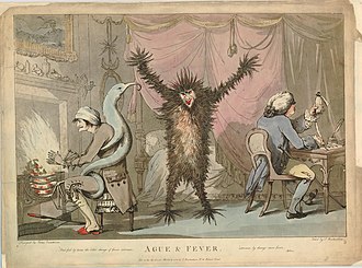 "Ague & fever" seize a shivering patient in an elite 18th-century household (Thomas Rowlandson, British Museum). Prominent Londoners died of malaria. Ague & fever. (BM 1866,1114.622).jpg