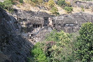 Ajanta Caves, India, Panoramic view of Ajanta basalt cliffs and caves.jpg
