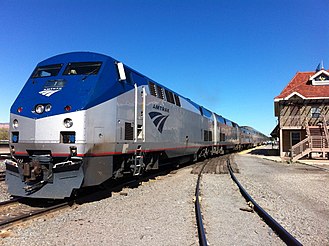 In the 21st century Amtrak replaced its F40PH units with the GE Genesis. Pictured are Amtrak engines #1 and #56, both GE Genesis P42DC diesels, pulling the eastbound California Zephyr at Grand Junction, Colorado, April 2012 Amtrak California Zephyr Engines 1 and 56 Eastbound at Grand Junction - img1.jpg
