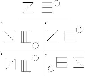 A sample design used in Administration M of the Benton Test. The original design is shown at the top, and after a delay, the four design choices are shown and the subject is asked to choose the one that best matches the original design. BVRT.JPG