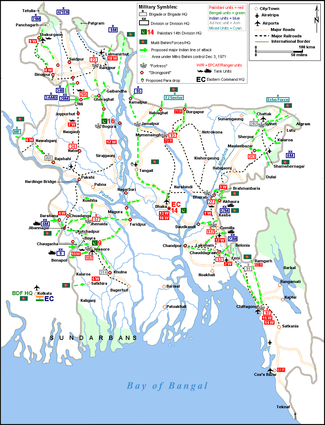 Final Mitro Bahini operational plan in November 1971. A generic representation, some unit locations are not shown. Ban71dec.PNG