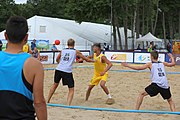 Deutsch: Beachhandball Europameisterschaften 2019 (Beach handball Euro); Tag 2: 3. Juli 2019 – Männer, Vorrunde Gruppe A, Deutschland-Norwegen 2:0 (20:18, 28:12) English: Beach handball Euro; Day 2: 3 July 2019 – Women Preliminary Round Group A – Men Preliminary Round Group A – Germany-Norway 2:0 (20:18, 28:12)