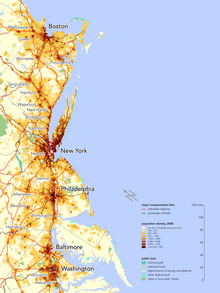 The Delaware Valley is part of the Northeast megalopolis, the second-most highly populated megaregion of the U.S. with 52.3 million residents. Boswash.png