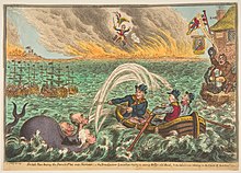 James Gillray's British Tars Towing the Danish Fleet into Harbour. British Tars Towing the Danish Fleet into Harbour; the Broad-Bottom Leviathan trying Billy's Old Boat, and the Little Corsican tottering on the Clouds of Ambition MET DP818509.jpg