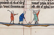 This scene in the margins of a late 13th-century manuscript depicts a game with clubs and a ball, possibly the game of kolf referred to by Jacob van Maerlant. It is considered to be the earliest known depiction of a golf-like game. (Bruges Public Library, Ms. 251 f. 149r) Bruges Public Library Manuscript 251 folio 149r detail golf.jpg