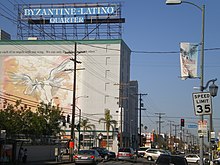 Byzantine-Latino Quarter, Los Angeles, California. Hispanic Americans constituted 48% of Los Angeles inhabitants in 2020. Byzantine-Latino Quarter, Los Angeles, California.JPG