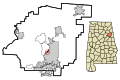 This map shows the incorporated and unincorporated areas in Calhoun County, Alabama, highlighting Blue_Mountain in red. It was created with a custom script with US Census Bureau data and modified with Inkscape.