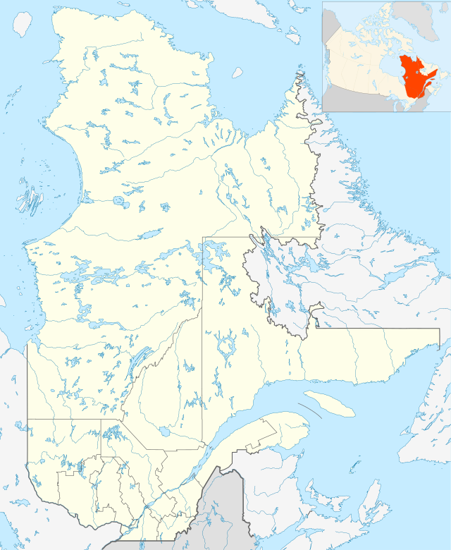 Mapa konturowa Quebecu, na dole znajduje się punkt z opisem „Lévis”