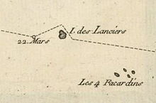 Première carte publiée en 1768 d'Akiaki (île des Lanciers) établie par Bougainville lors de son passage le 22 mars 1768. « Les Quatre Facardins » désigne Vahitahi.