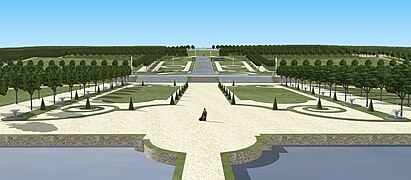 Restitution du point de vue depuis le premier étage du grand château de Brunoy sur les jardins au milieu du XVIIIe.