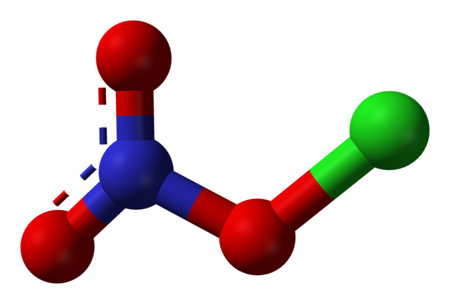 Ball and stick model of chlorine nitrate