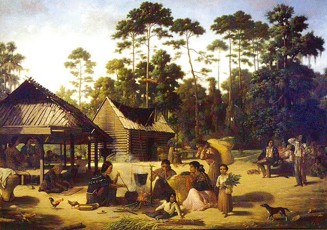 Choctaw Village near the Chefuncte, by Francois Bernard, 1869, Peabody Museum—Harvard University. The women are preparing dye in order to color cane s
